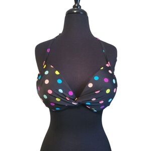 EUC Tahiti Black Polka Dot Twist Front Halter Bikini Top, Size XL